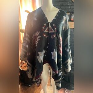 Karma Black Aztec Knit Poncho with Red & Cream Accents